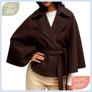 Oversized Wool Blend Cape Jacket with Belt, Batwing Sleeves